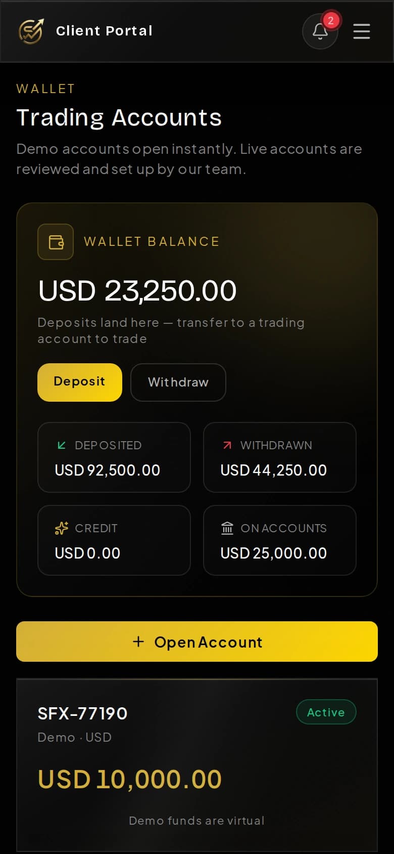 Move funds between wallet and accounts instantly